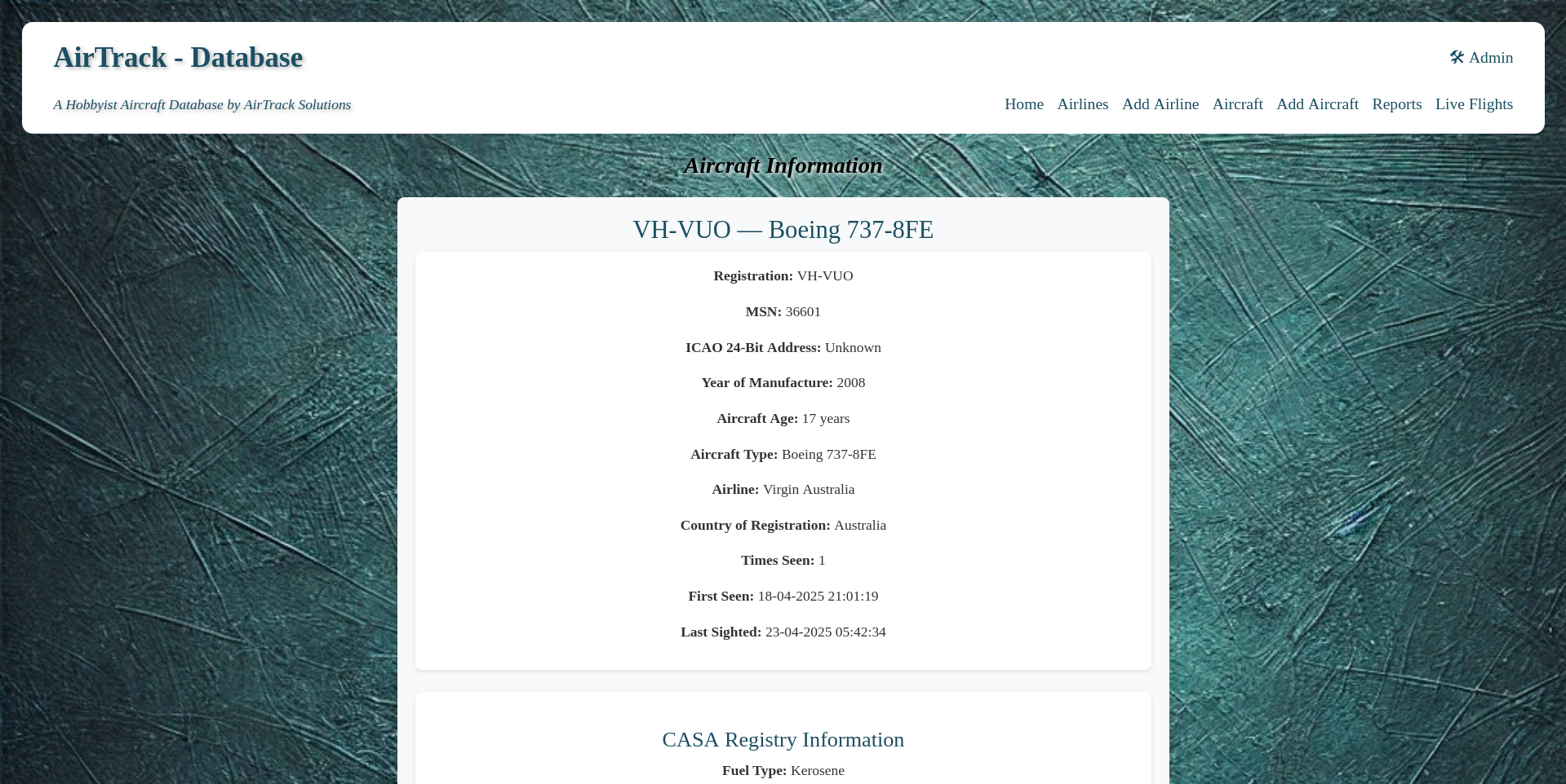 AirTrack aircraft info page screenshot