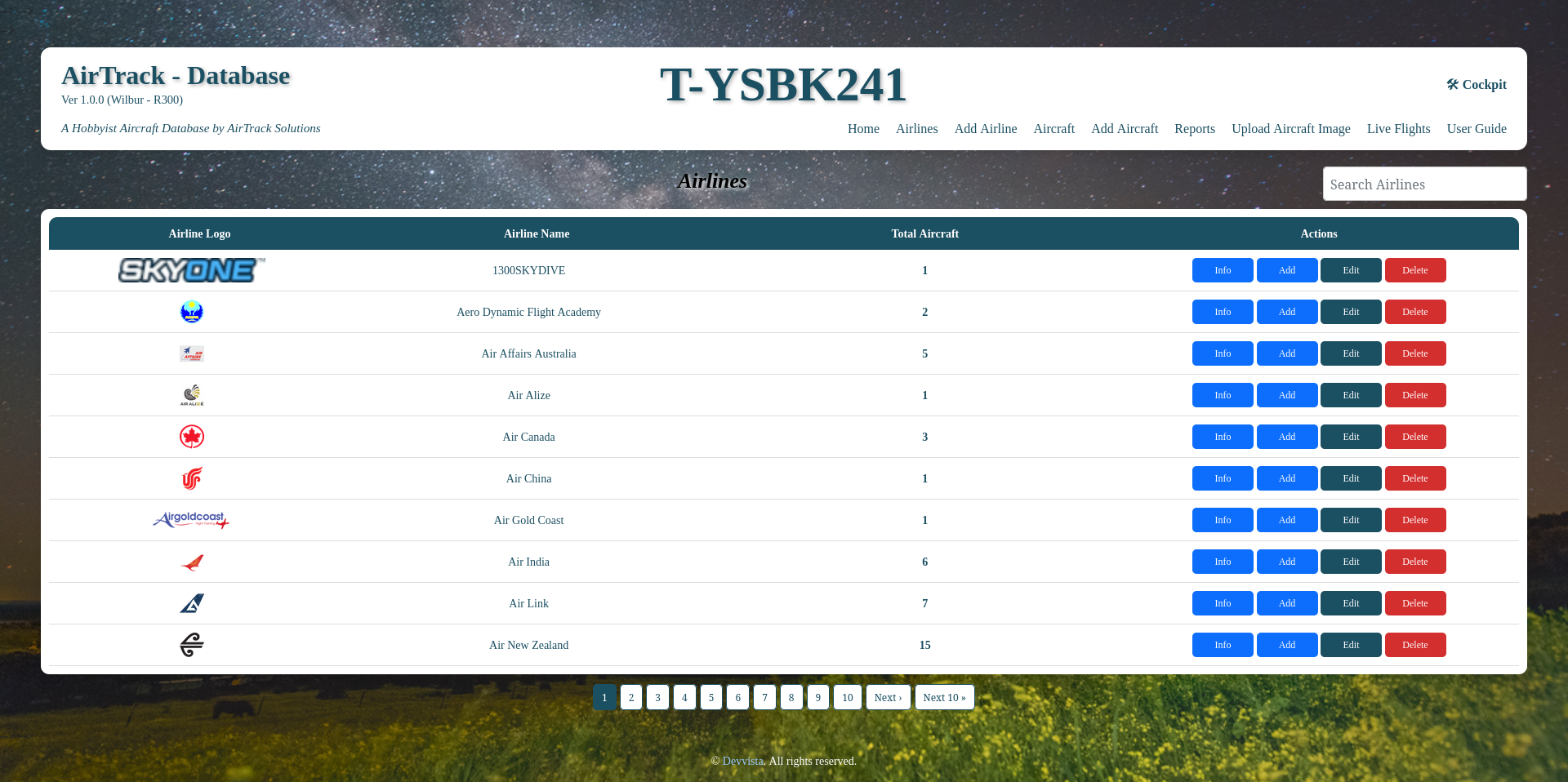 AirTrack airlines table screenshot