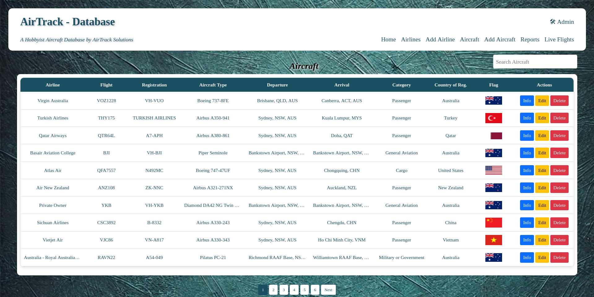 AirTrack aircraft table screenshot