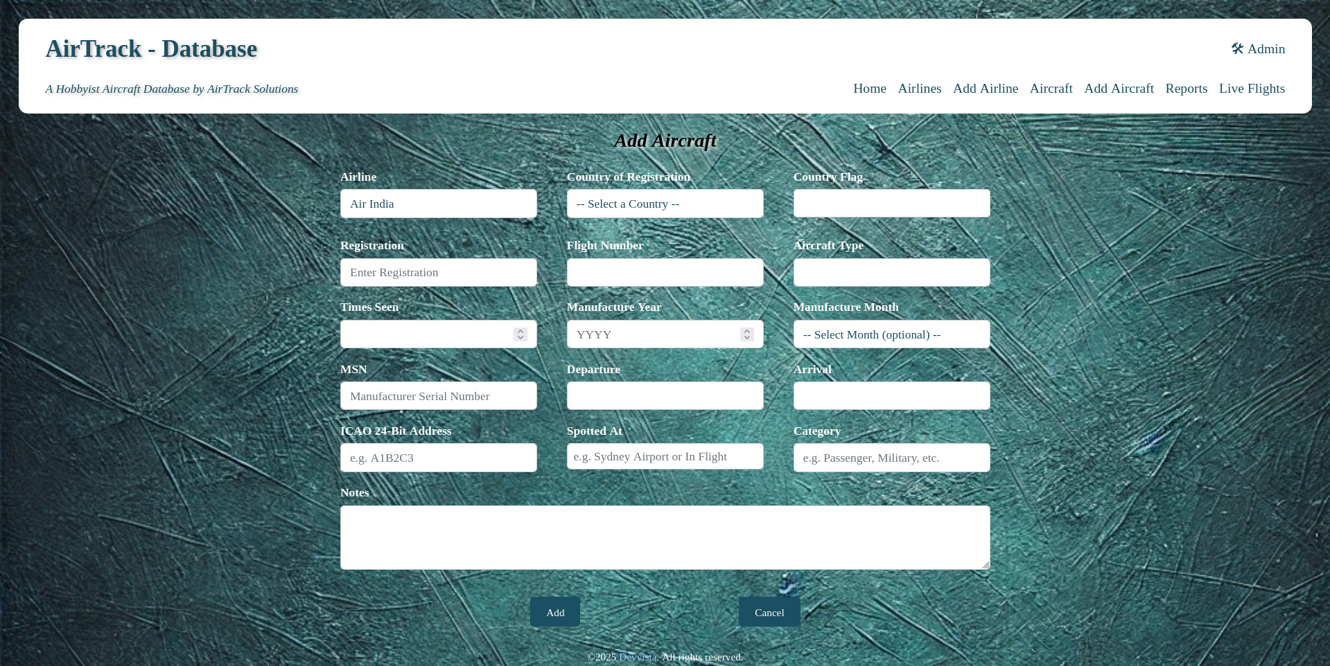 AirTrack add aircraft screenshot